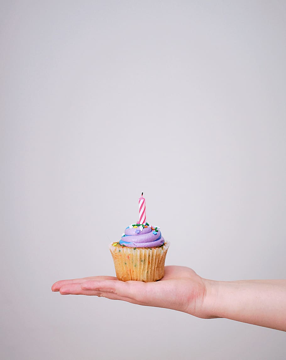 cupcake with candle, studio shot, sweet food, human hand, food and drink HD wallpaper