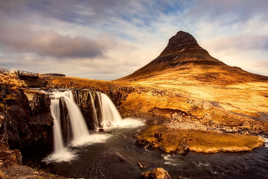 Waterfalls Near Mountain, canyon, clouds, country, field, landscape HD wallpaper