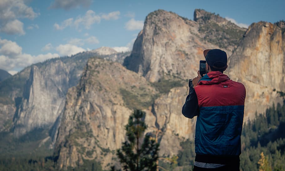 nature, mountains, sky, clouds, people, guy, man, phone, photography HD wallpaper