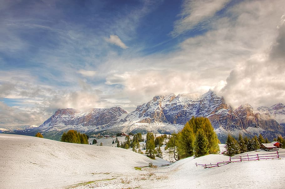 winter, pralongia, mountains, nature, sky, italy, blue, snow, HD wallpaper