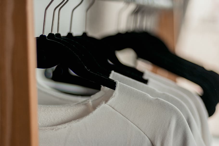 Hanged White Shirts on Black Clothes Hangers, apparel, blur, business, HD wallpaper
