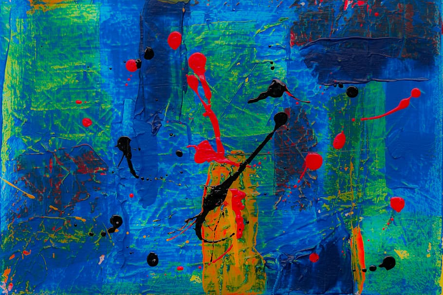 green, blue, and orange paint splat artwork, modern art, texture