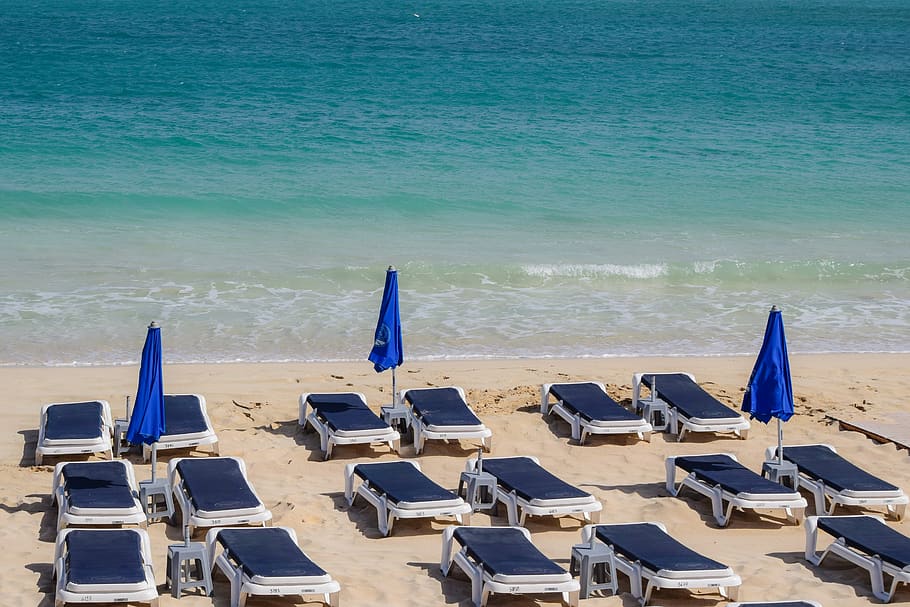 beach, empty, sea, travel, vacation, sunbeds, umbrellas, resort HD wallpaper