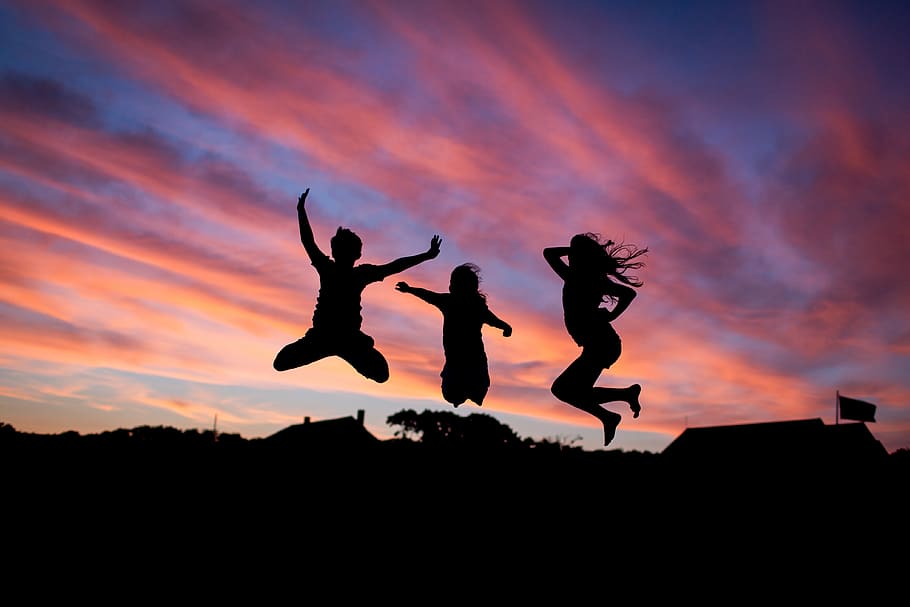 pink sky, jumping, sunset, kid, silhouette, togetherness, cloud - sky HD wallpaper