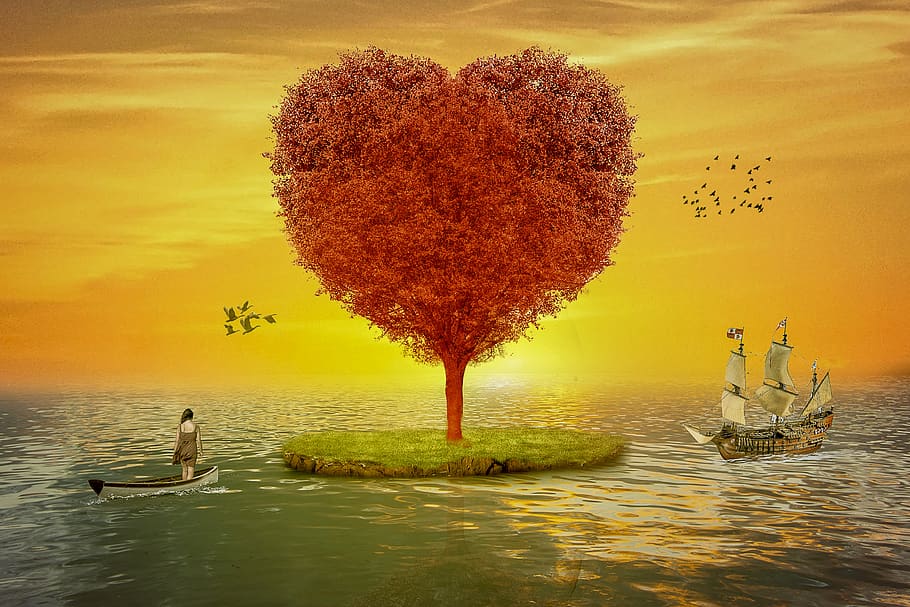 manipulation, landscape, tree heart, sun, woman, boat, ocean HD wallpaper