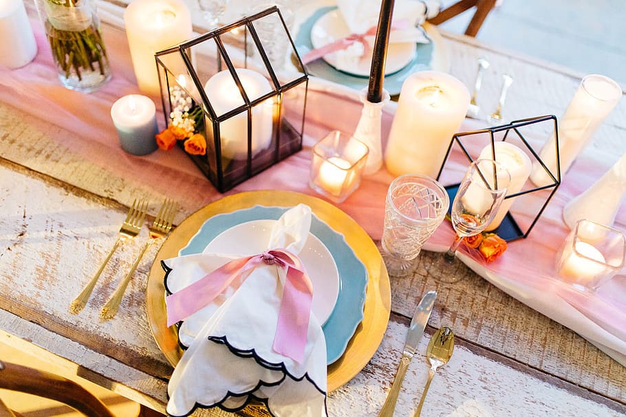 cloth on plate, table, glass, high angle view, indoors, still life HD wallpaper