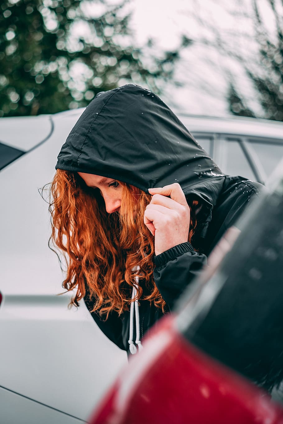 woman in hoodie near car, clothing, apparel, coat, person, human, HD wallpaper