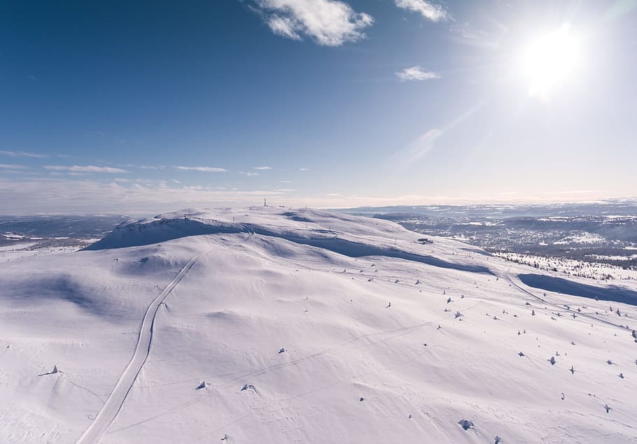 Aerial Photography Of Snowy Hill, clear sky, daylight, landscape HD wallpaper