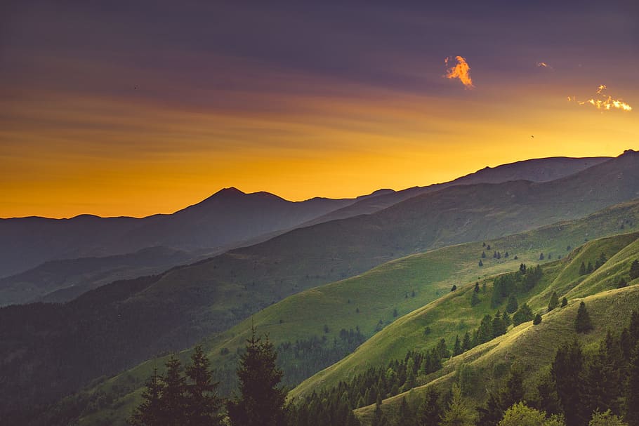 aerial view of green hills under blue and orange sky, mountain HD wallpaper