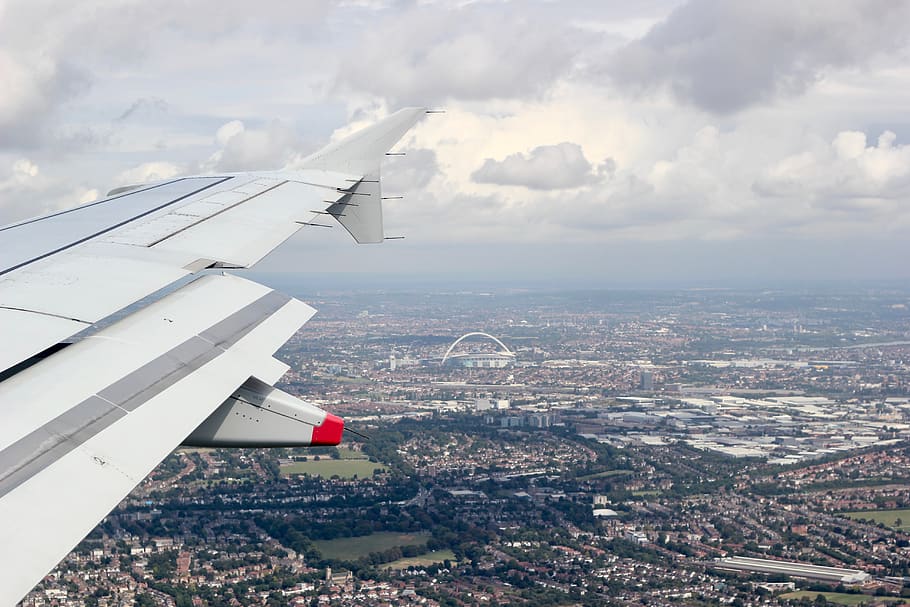 Plane on Air Under Cloudy Sky, aerial shot, aircraft, aircraft wing HD wallpaper