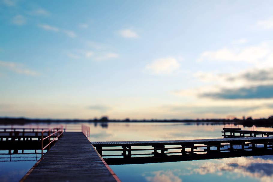 Bridge lake, sky, sunset, water, wood, pier, cloud - sky, nature HD wallpaper
