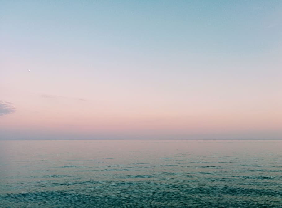 ocean during sunset, water, sky, horizon, sunrise, green, pink, HD wallpaper
