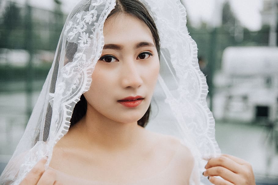 woman wearing wedding veil during daytime, model, asian bride HD wallpaper