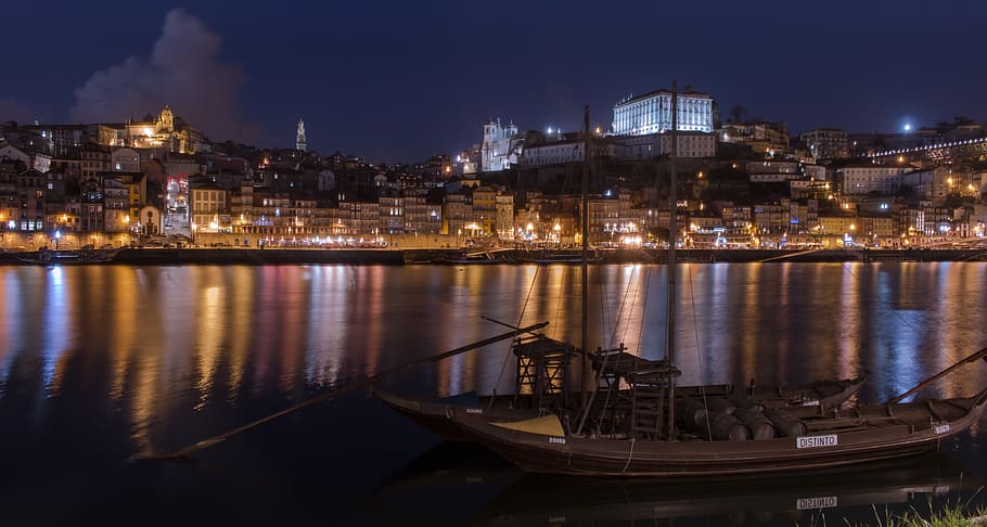 portugal, ribeira, duero, boat, panoramic, night, river, oporto, HD wallpaper