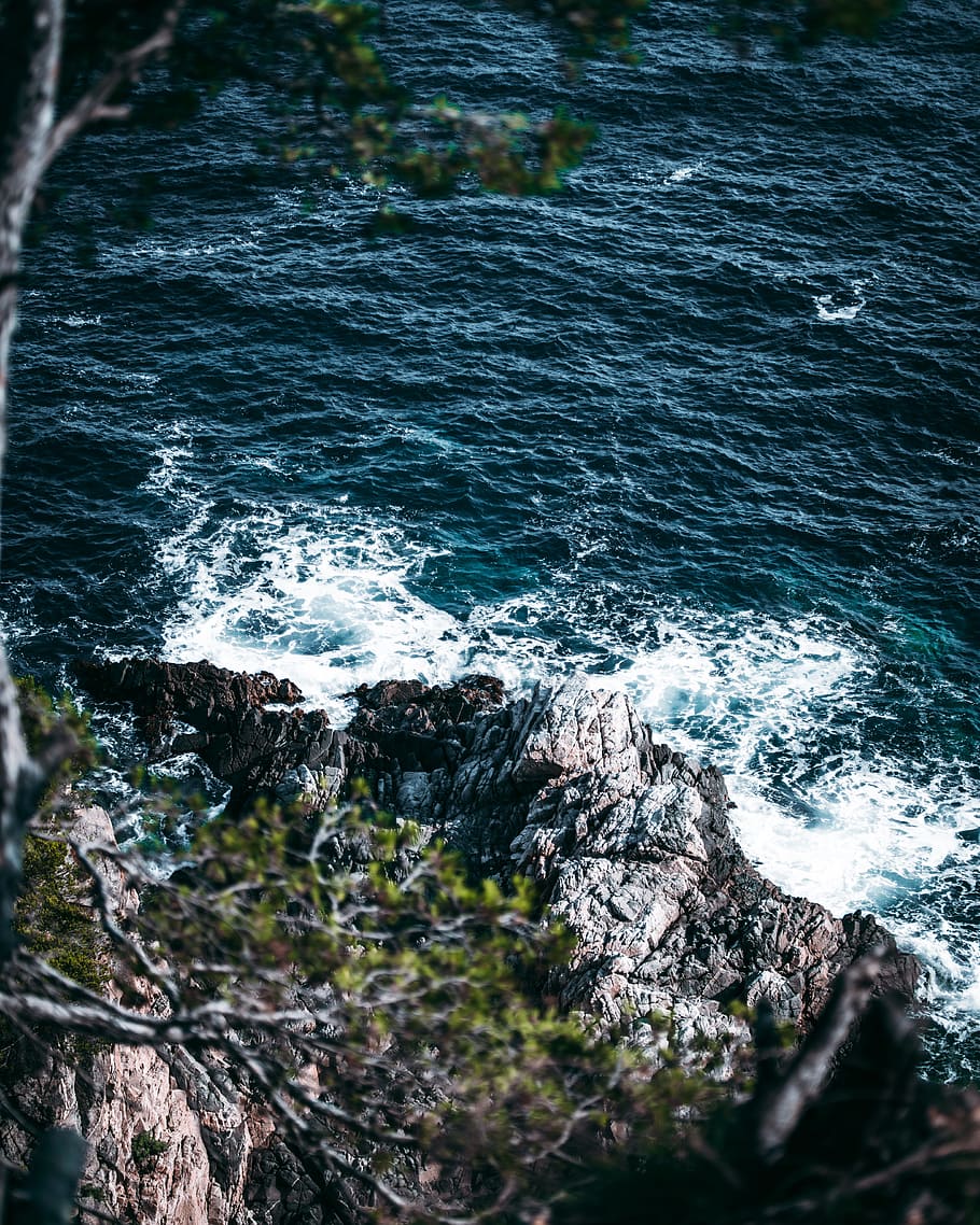 Blue Sea, background, spain, rock, water, motion, wave, land HD wallpaper