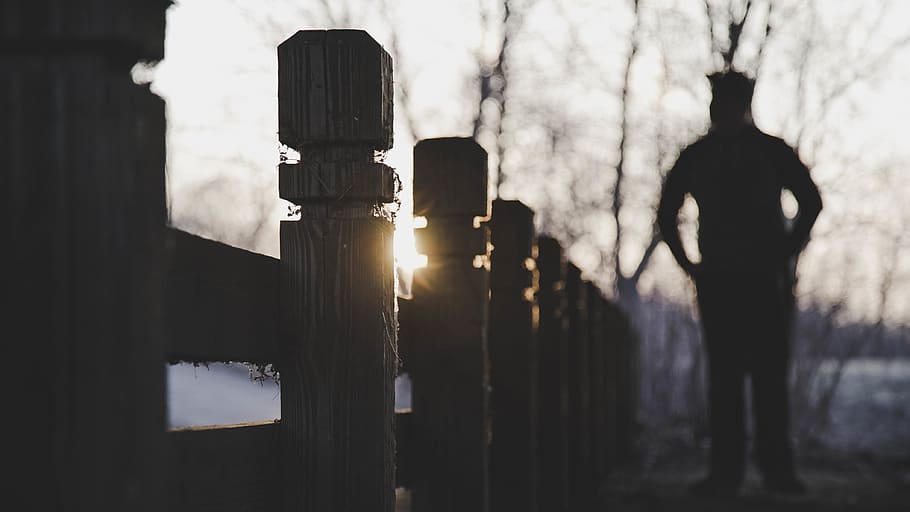 fence, dark, sun, sunset, person, shadow, silhouette, one person HD wallpaper