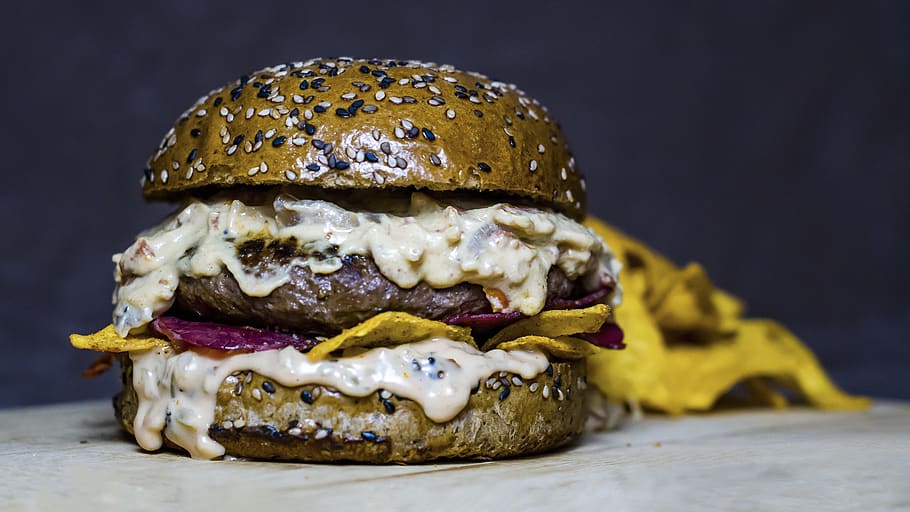 brown burger, food, mushroom, bacon, doritos, alfredo, sauce HD wallpaper