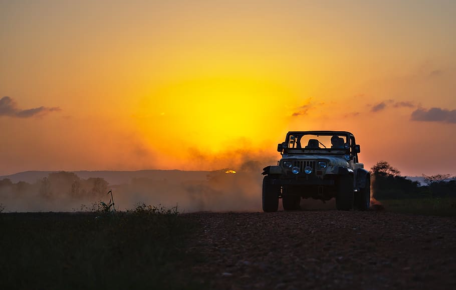 jeep, drifting, dust, sunset, dusk, motor sport, off road, summer HD wallpaper
