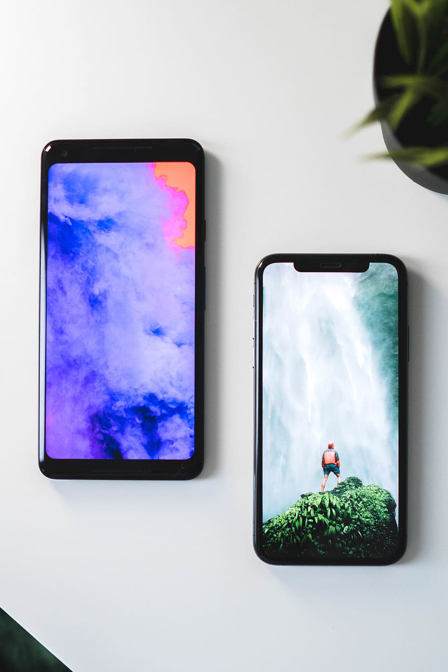 two black Android smartphones, cloud - sky, technology, indoors HD wallpaper