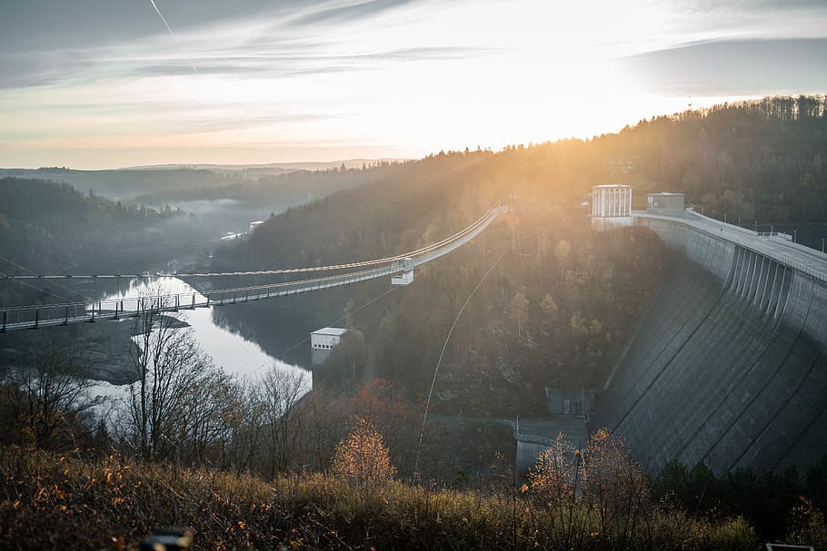 Bird's Eye Photography of Water Dam, bridge, clouds, daylight HD wallpaper