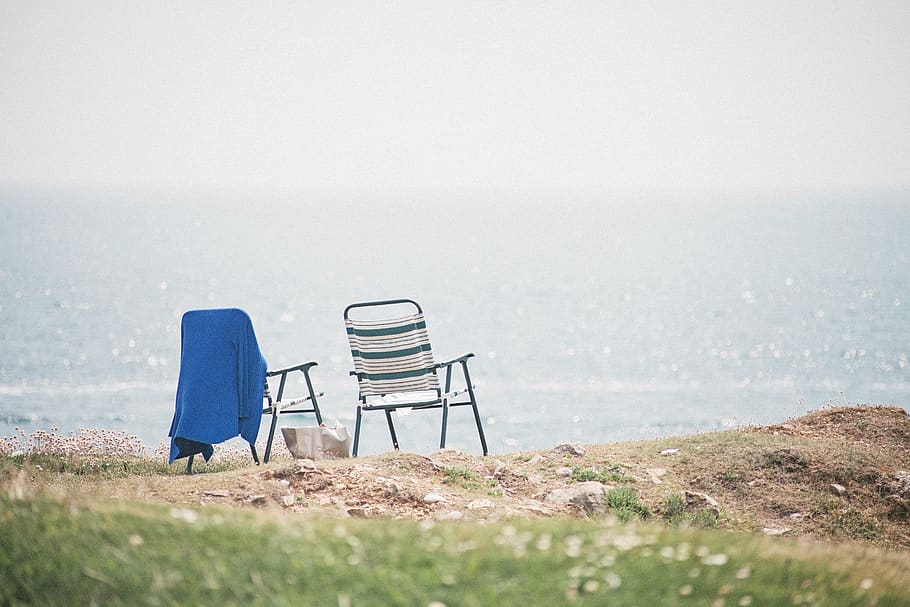 ocean, chairs, view, sky, clouds, landscape, grass, picnic HD wallpaper
