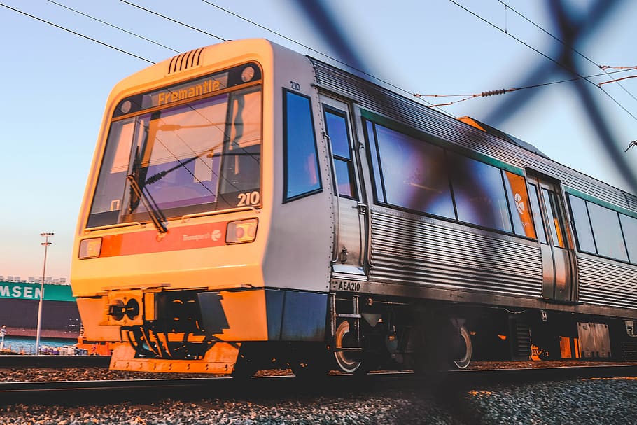 yellow train, transportation, vehicle, rail, railway, perth, train track HD wallpaper