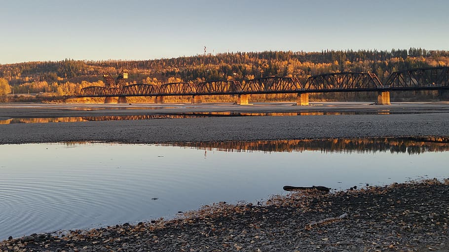 river, bridge, evening, light, cast, water, british columbia HD wallpaper