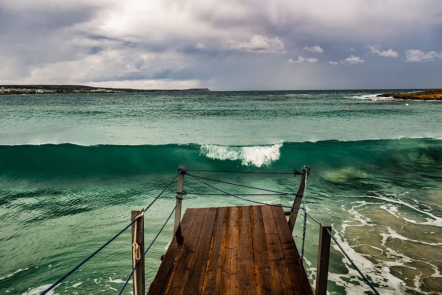 pier, jetty, sea, dock, deck, wave, smashing, horizon, sky HD wallpaper