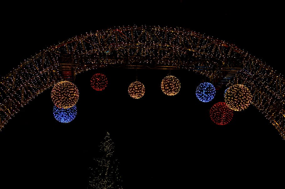 dark, night, christmas, lights, electricity, ball, arch, black background HD wallpaper