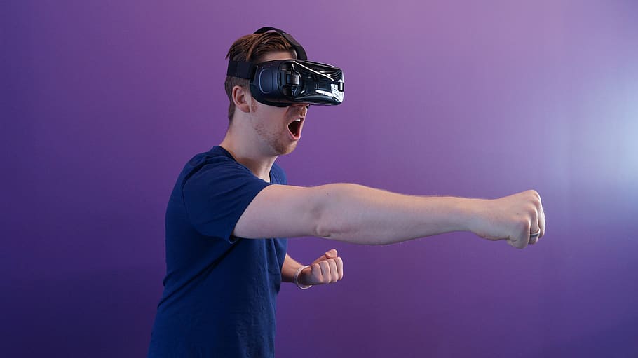 vr, virtual reality, man, technology, blue shirt, hmd, headset