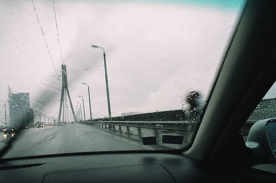 Driving through the rain, auto, automobile, bridge, car, city