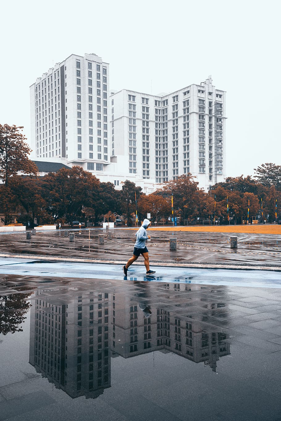 man jogging on park, car, water, building, puddle, run, sport