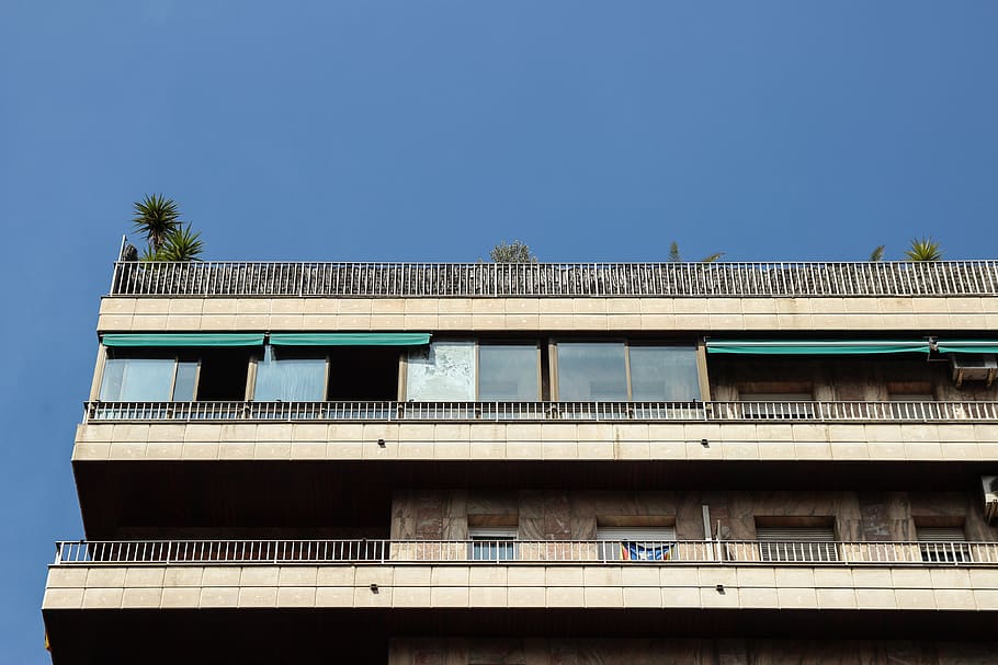 beige concrete building, spain, barcelona, handrail, banister HD wallpaper