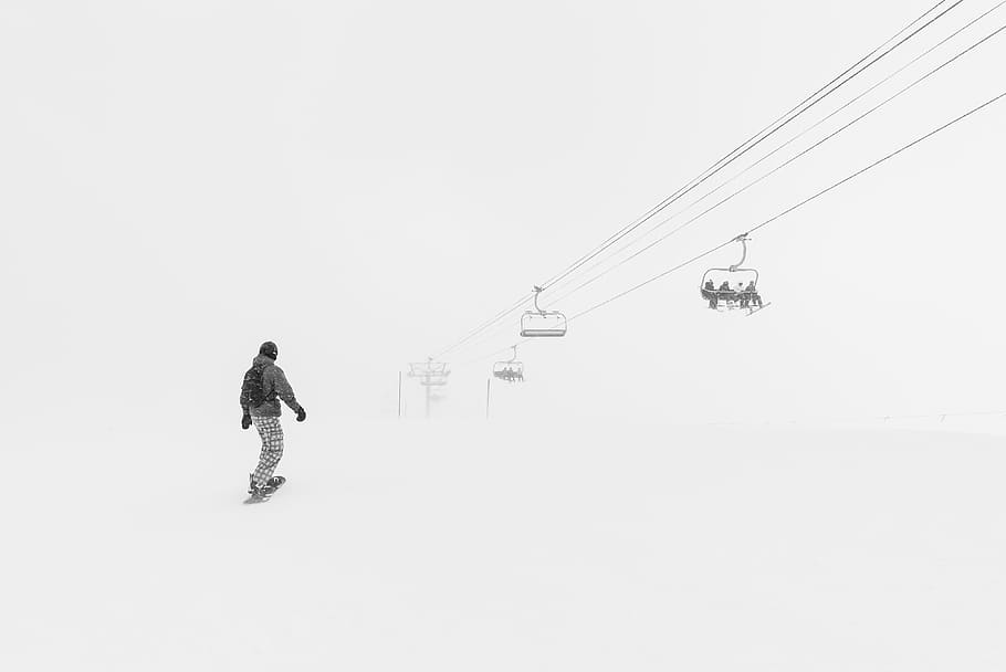 Man Walking in the Snow at Daytime, action, black and white, cold HD wallpaper