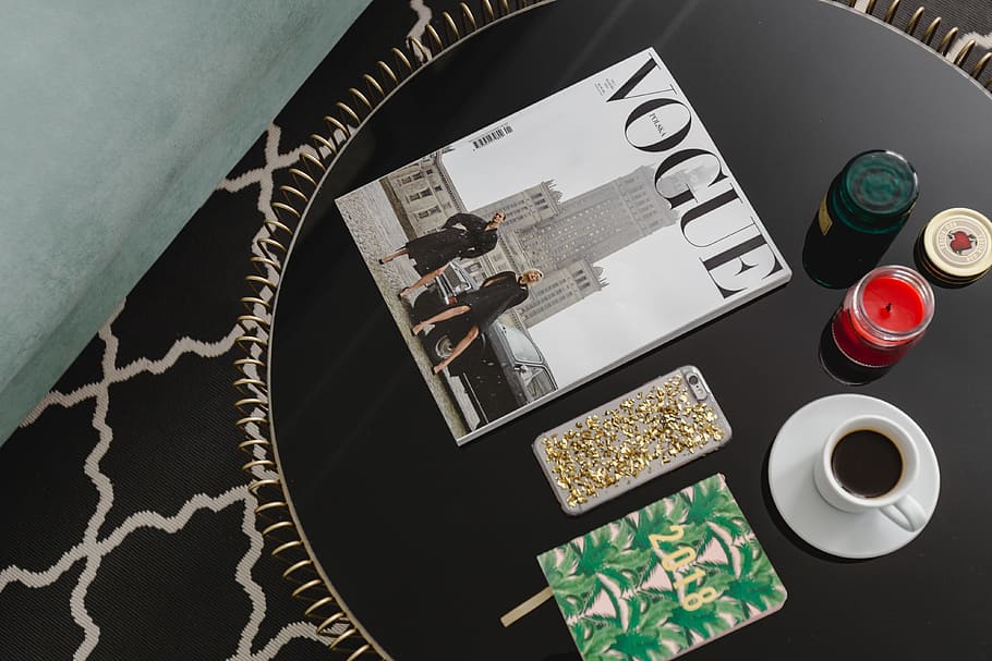 Top view of black table with 2018 calendar agenda, food and drink HD wallpaper