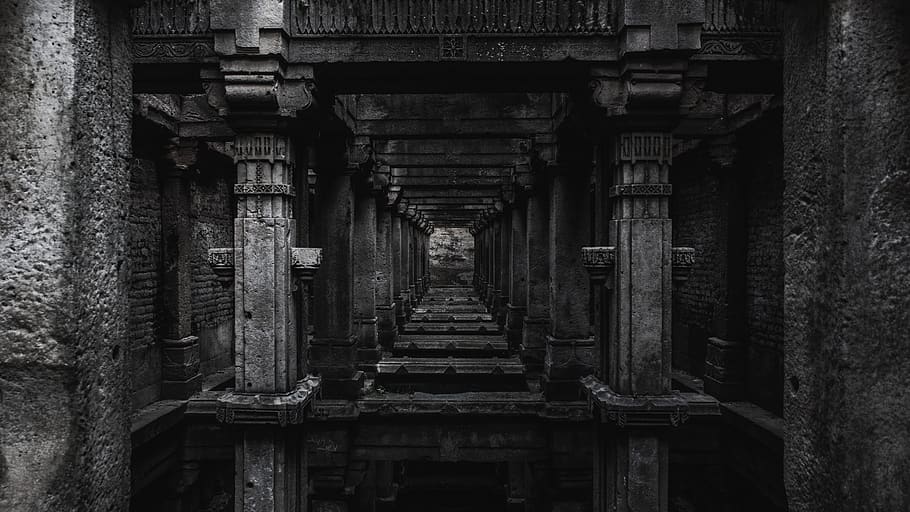 ancient, architecture, art, black and white, columns, daylight, HD wallpaper