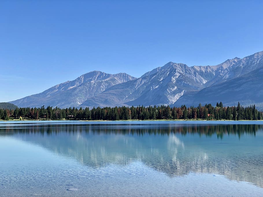 canada, jasper, lake edith, blue, landscape, water, pine, reflection HD wallpaper
