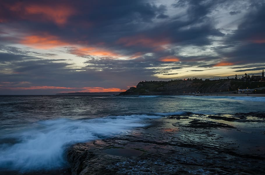 australia, newcastle, waves, ocean, clouds, sunset, rocks, sky HD wallpaper