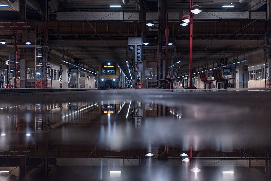 Train Station, perspective, puddle, reflection, subway system HD wallpaper