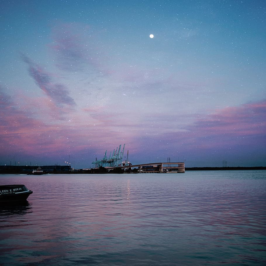 nature, water, structure, sea, sky, moon, stars, transportation HD wallpaper