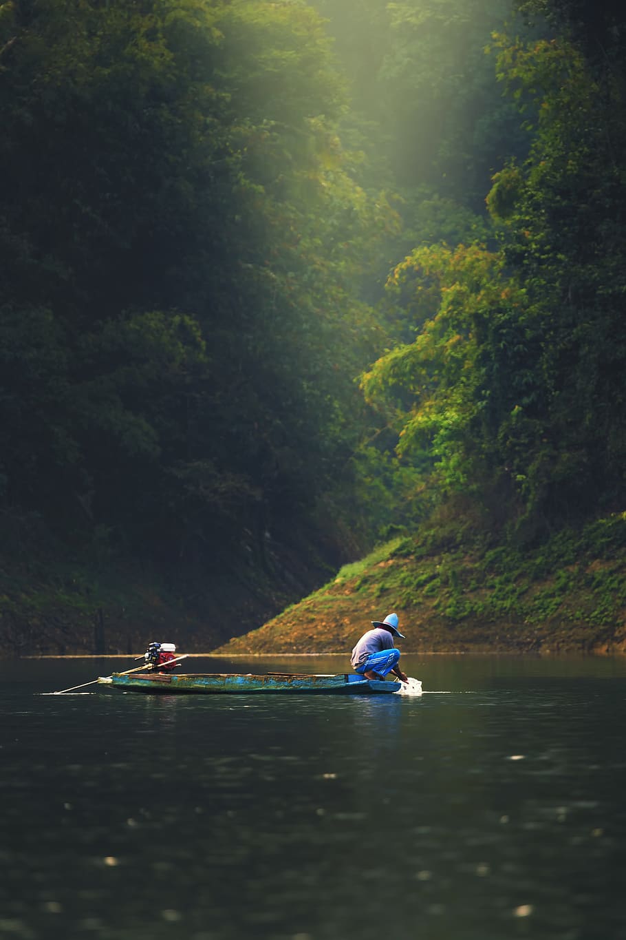 HD wallpaper: fishing, net, asian, fisherman, kayak, lake, river, balance