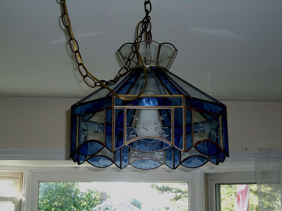 tiffany, lamp, shade, lampshade, blue, glass, stained, light