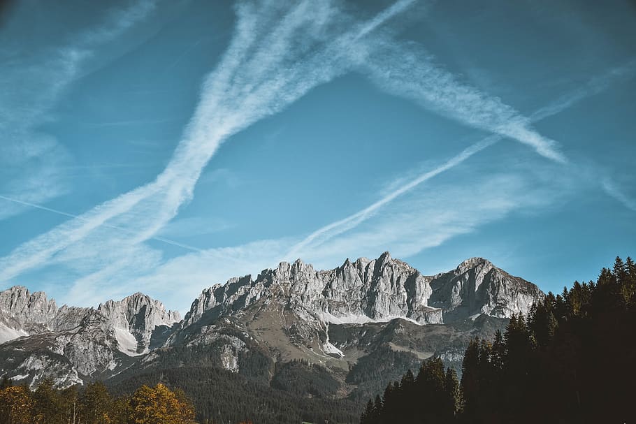 Gray Mountain, background, background image, blue sky, chemtrails HD wallpaper