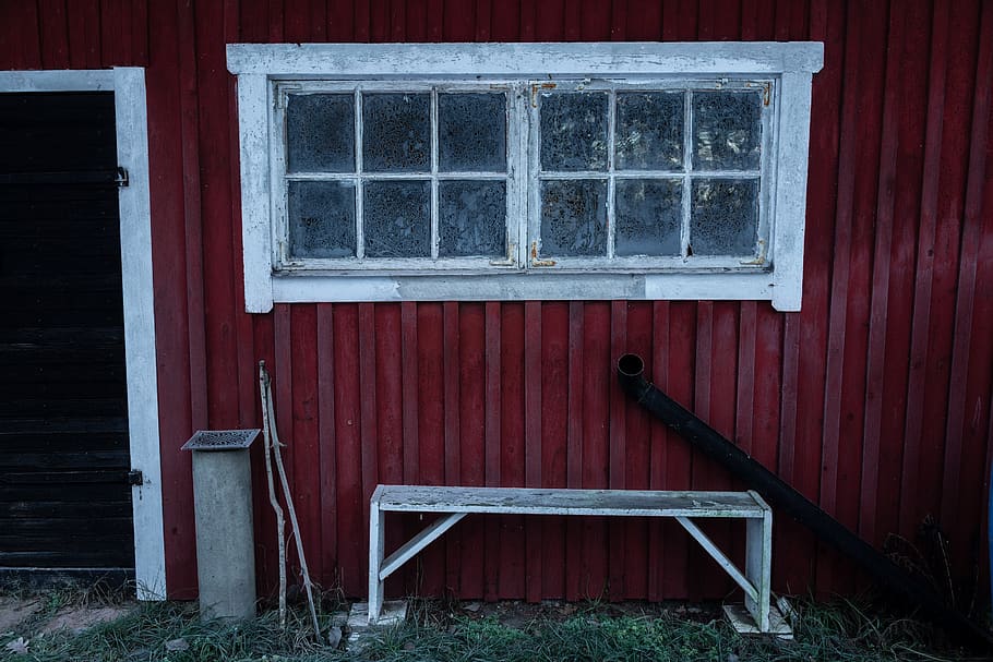 window, cottage, winter, bench, cold, country house, red, frozen HD wallpaper