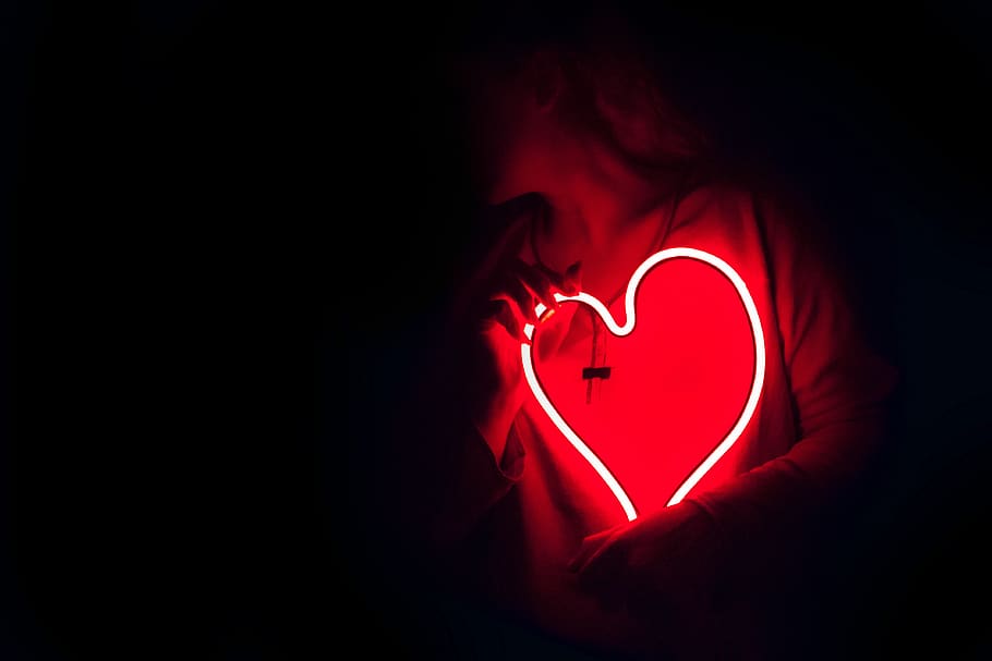 Heart-shaped Red Neon Signage, artsy, color, dark, design, energy, HD wallpaper