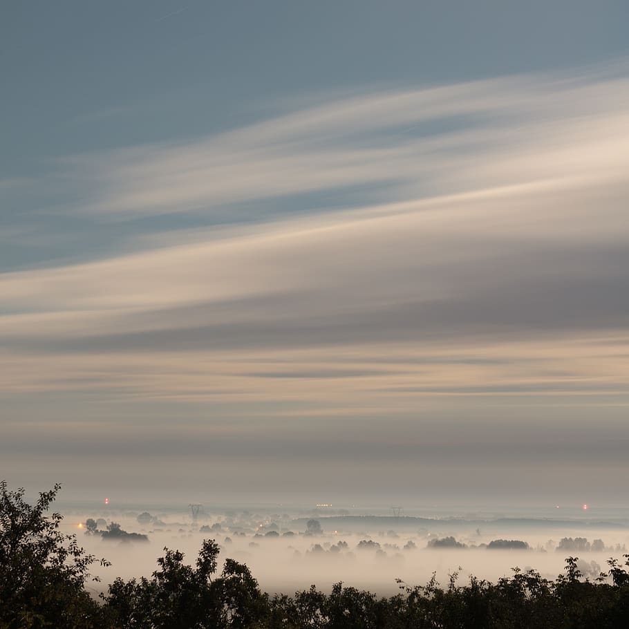 long, exposure, clouds, mist, fog, trees, sky, night, rural HD wallpaper