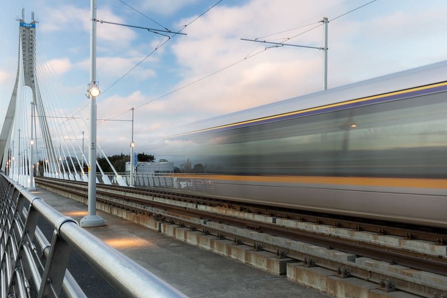 train, rail, bridge, tram, motion, blur, traffic, rails, railway HD wallpaper