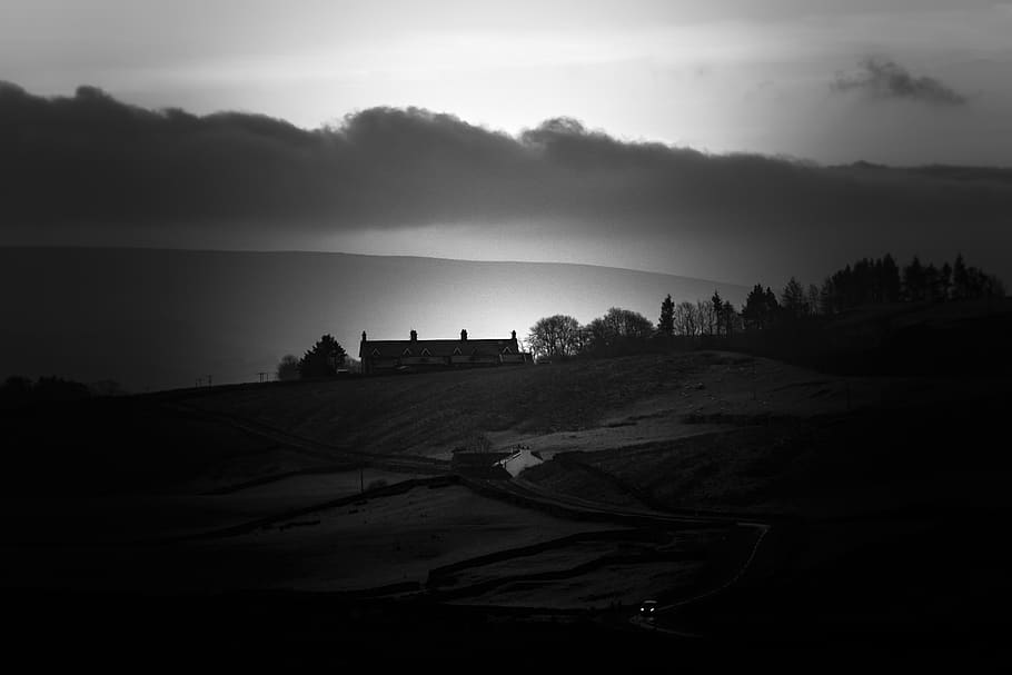 yorkshire dales, black and white, road, car, lights, sunrise, HD wallpaper