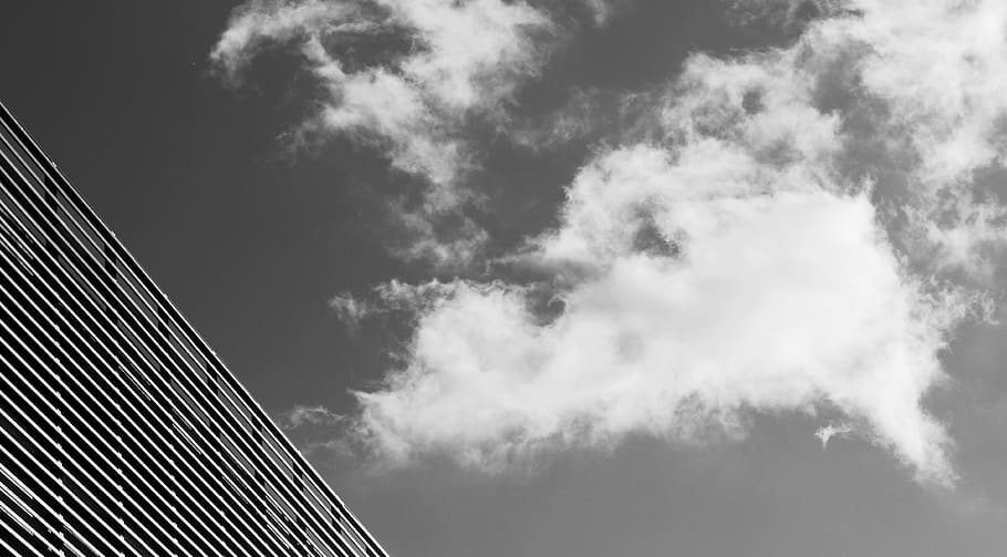 cloudscape, autumn, black and white, sky, parking house, building HD wallpaper