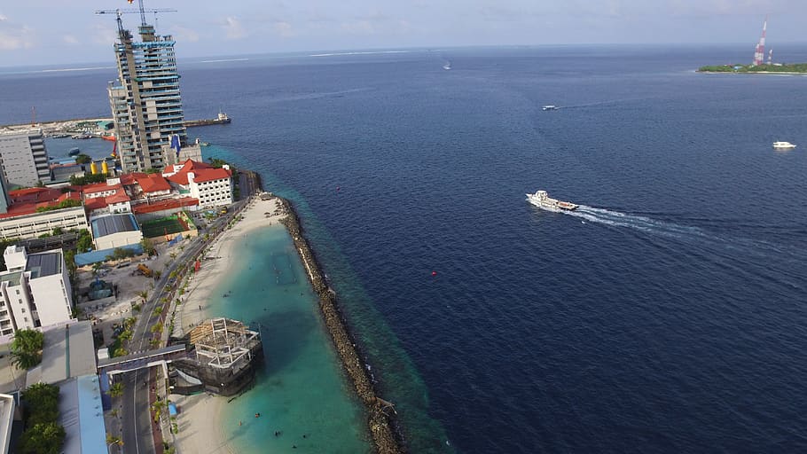 maldives, malé, water, sea, high angle view, built structure HD wallpaper